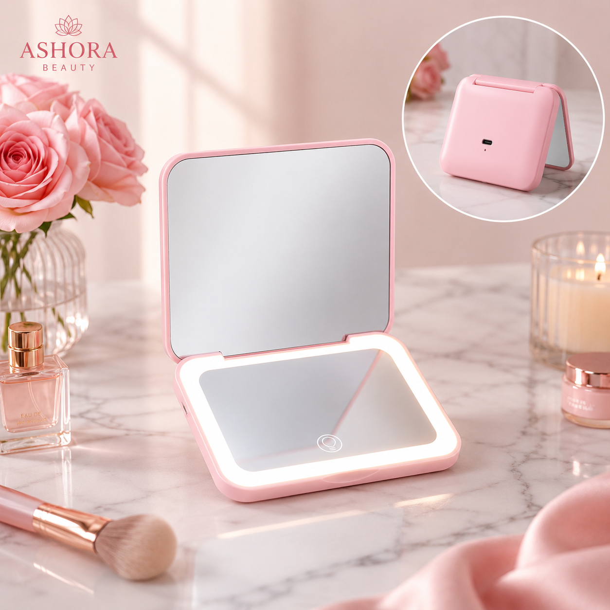 Espejo de Maquillaje Compacto LED Recargable — Modos de Luz Diurna y Cálida