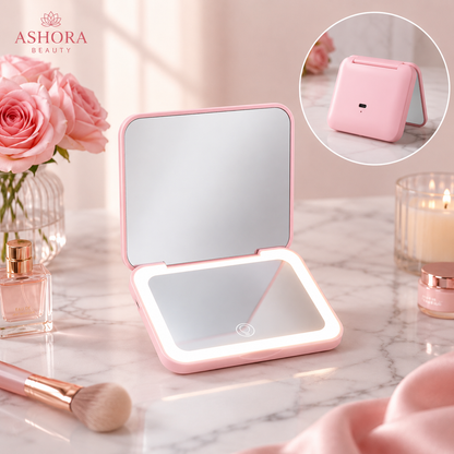 Espejo de Maquillaje Compacto LED Recargable — Modos de Luz Diurna y Cálida