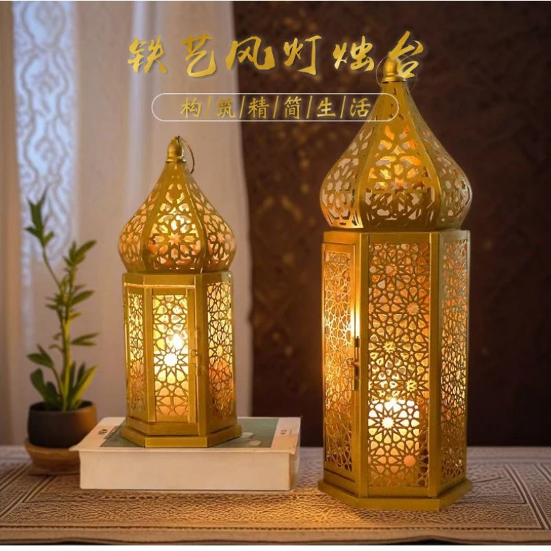 Retro Iron Hollow Moroccan Lantern Decorative Candlestick Ornament